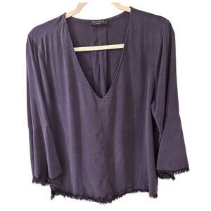 Maven West Navy V-Neck Bell Sleeve Fringe Hemline Top, size S
